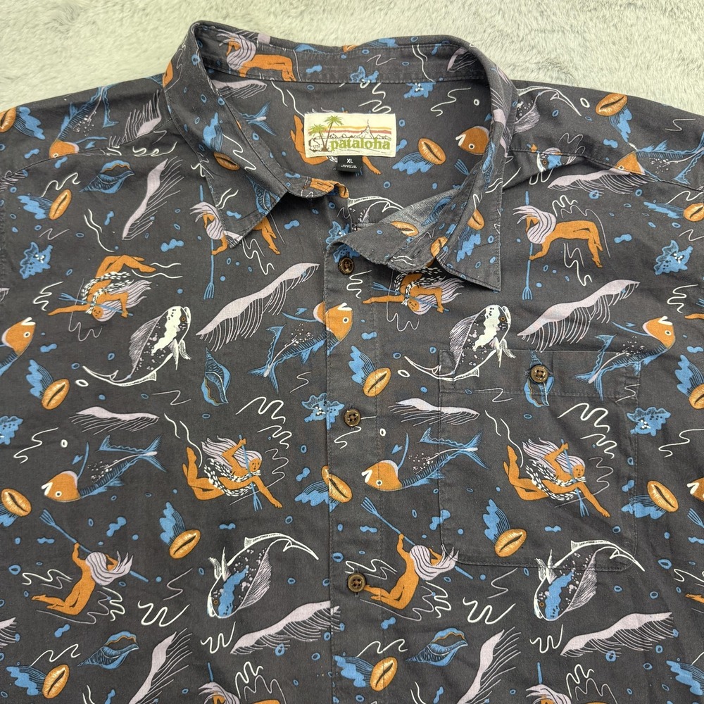 Pataloha Shirt Mens XL Gray Mermaid Nautical Print Hawaiian Aloha Patagonia - Picture 2 of 7